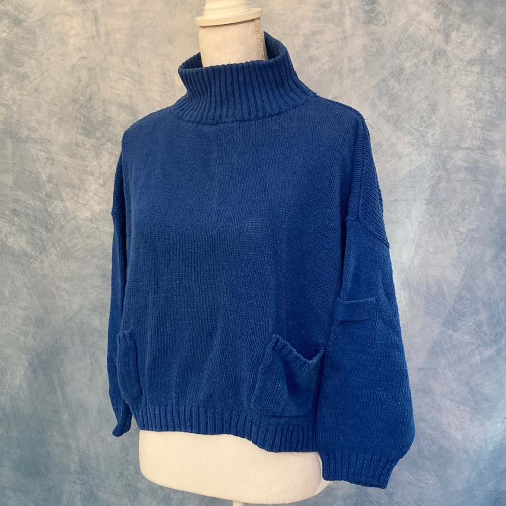 🌺2for$20🌺 Cropped & Boxy Blue Turtleneck Women's Sweater Chunky Knit XS Fit